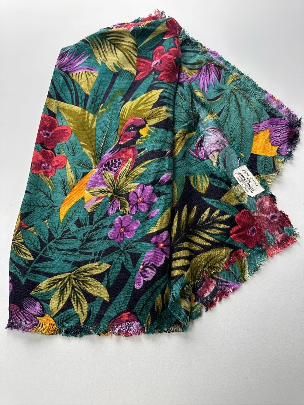 Vintage Jeffrey Lawrence Tropical Bird Print Scarf in Teal, Purple & Yellow